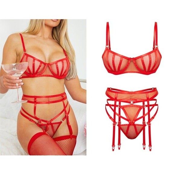 Red Underwired Binding Mesh 3 Piece Lingerie Set - Size S - Picture 1 of 7